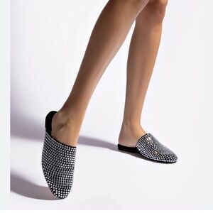 Larroude Black and Silver Crystal Studded Mules